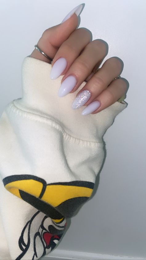 Milky white nails gel diamond nails almond shape Milky White Nails With Glitter Almond, Milky White Design Nails, Milky White And Glitter Nails, Milky White Nails With Design Almond, Milky White Nails Glitter, Milky Nails Design, Almond Nails Milky White, Almond Milky White Nails, Milky Glitter Nails