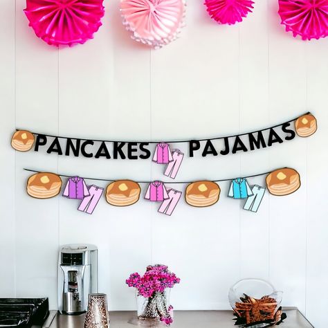 This listing is for one custom pancakes and pajamas themed banner. This banner is perfect for parties and room decoration. The garland images are 5 inches tall.   Please check the  drop down list for pricing.  Different colors are available as well so please contact if you have a different color preference. Please look in my shop to see the matching place cards, invitations cupcake toppers and more! The following matching decor items are available but not pictured. Sample pictures of the followi Pajama Pancake Party, Pancakes And Pajamas Party Decorations, Pjs And Pancakes Party, Pancake And Pajama Party Ideas, Kids Brunch Birthday Party, Pancake Birthday Party, Pajama Party Theme, Pancakes And Pajamas Birthday Party, Pajama Birthday Parties