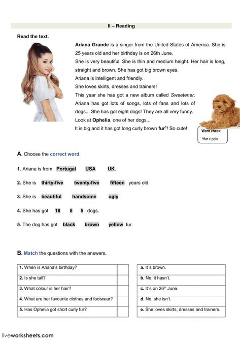 Reading test - Ariana Grande - Ficha interactiva English Liveworksheet, Tenses English, Esl English, Esl Reading, Short Text, English Teaching Materials, Work Sheet, Reading Test, Family Reading