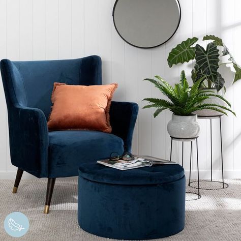 Blue Furniture Living Room, Blue Velvet Accent Chair, Feature Chair, Living Room Orange, Blue Chair, Pillow Talk, Living Room Inspo, New Living Room, Quality Bedding