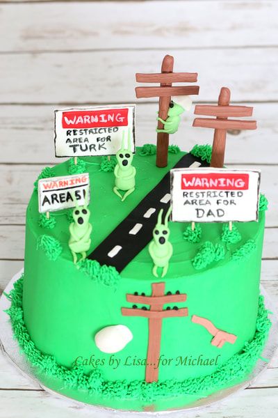 Area 51 Alien Lineman Cake Area 51 Birthday Party Ideas, Area 51 Cake Ideas, 51 Birthday Cake, Alien Smash Cake, Alien Cake Design, Alien Rice Krispie Treats, Alien Birthday Cake Ideas, Lineman Cake, Alien Cupcake Cake