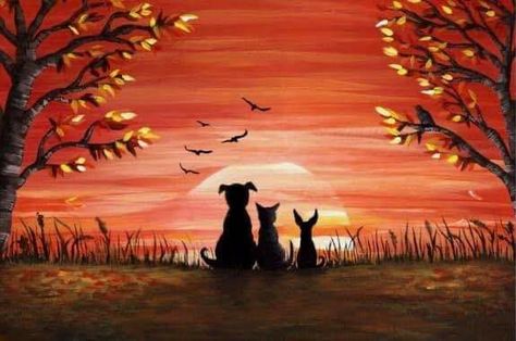 Autumn Canvas Painting Ideas, Painting Whimsical, Dog Portraits Painting, Autumn Sunset, Pastel Sunset, Canvas Drawing, Silhouette Painting, Simple Canvas Paintings, Time Painting