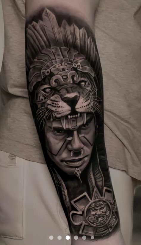 Mayan Jaguar Tattoo Design, Aztec Jaguar Warrior Tattoo, Mexican Indian Tattoo, Aztec Tattoos Sleeve Mexican Style, Aztec Arm Tattoo, Mayan Tattoos Men, Aztec Gods Tattoo, Mayan Warrior Tattoo, Aztec Jaguar Tattoo