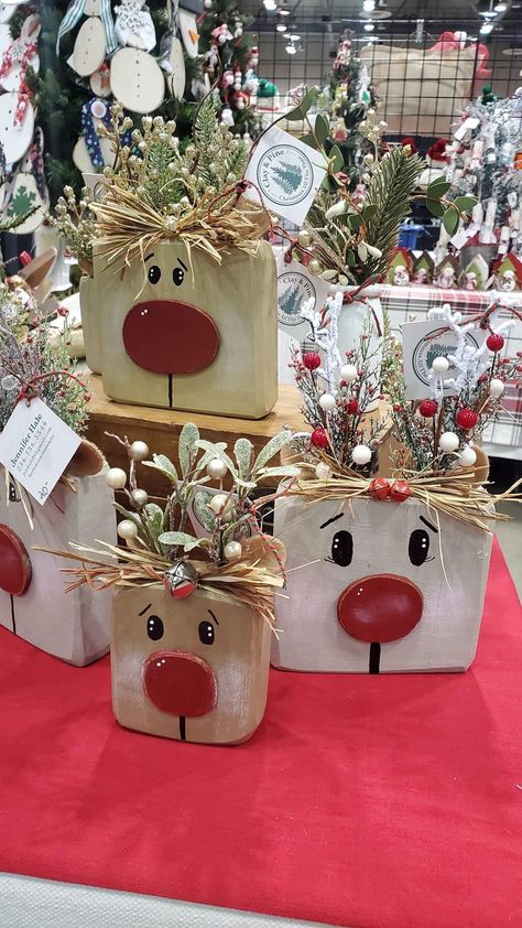 2x2 Wood Christmas Crafts, Wood Block Reindeer Craft Ideas, Craft Projects For Seniors Easy Diy, Reindeer Wooden Crafts, Rustic Wood Pumpkins Diy, Blocks Of Wood Crafts Christmas, Diy Wood Block Reindeer, 2023 Christmas Crafts To Sell, Painted Wooden Blocks Christmas