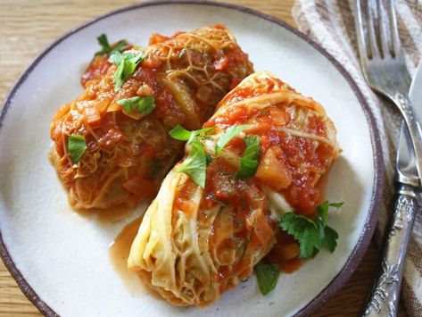 Vegetarian Stuffed Cabbage Recipe | The Nosher Stuffed Whole Cabbage, Vegetarian Stuffed Cabbage, Recipe With Cabbage, Stuffed Cabbage Recipe, Vegetarian Comfort Food, How To Boil Rice, Cabbage Recipe, Eggplant Dishes, Stuffed Cabbage