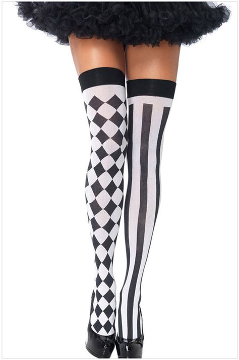 Circus Fancy Dress, Harlequin Costume, White Thigh Highs, Checkered Socks, Thigh High Stockings And Tights, Thigh High Tights, Diy Kostüm, Leg Avenue, Over The Knee Socks