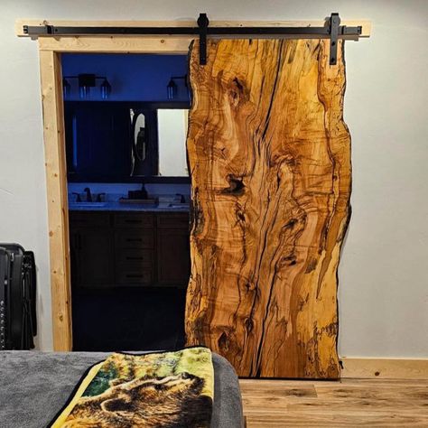 Spalted Maple Live Edge Sliding Door shipped to Alaska! Amazing grain and figure on this slab, we are taking orders for June delivery. Order your amazing live edge door today! Mirror Barn Door, Whiskey Room, Custom Barn Doors, Modern Sliding Doors, Barn Door Designs, Cladding Panels, Wood Front Doors, Metal Barn, Spalted Maple