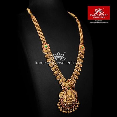 Kundan Haram, Mini Haram, Kameswari Jewellers, Gold Temple Jewellery, Gold Jewels Design, Gold Jewelry Outfits, Antique Gold Jewelry Indian, Modern Gold Jewelry, Gold Jewelry Simple Necklace