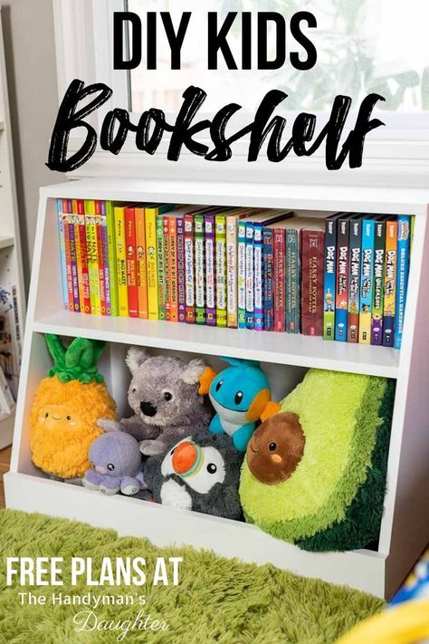 This DIY kids bookshelf combines book and toy storage together in one compact space! It also doubles as a nightstand next to the bed! Get the free woodworking plans to build this small bookshelf at The Handyman's Daughter! #bookshelf #woodworkingplans Diy Kids Bookshelf, Book And Toy Storage, Bookshelf Woodworking Plans, Diy Bookshelf Kids, Kids Bookshelf, Maker Space, Small Bookshelf, Woodworking Joinery, Woodworking For Kids