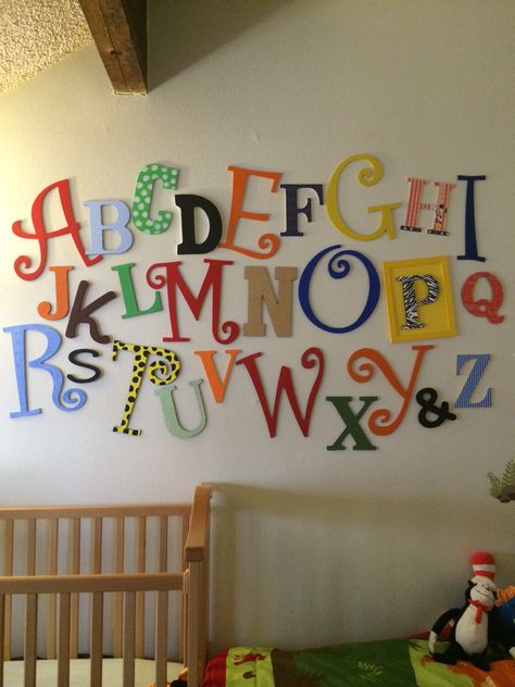 Wooden Alphabet wall for kids room. School Murals, Alphabet Wall, Wall Letters, Wooden Alphabet, Home Daycare, Letters For Kids, Alphabet For Kids, Decorative Letters, Special Education Classroom