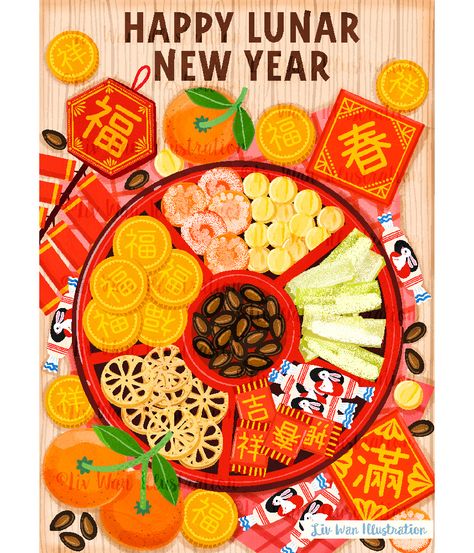 Chinese Culture Illustration, Poster Chinese New Year, Chinese New Year Design Illustration, Lunar New Year 2024, Chinese New Year Drawing, Tet Illustration, Chinese Food Illustration, Cny Illustration, Chinese New Year Painting