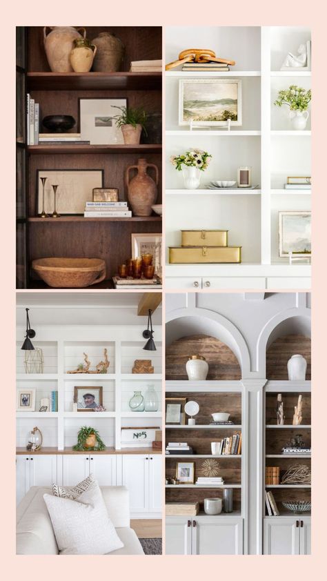 30 BEAUTIFUL SHELF STYLING IDEAS - Nikki's Plate Dark Wood Built Ins Living Room, Neutral Bookshelf Styling, How To Style Built In Shelves, Shelf Styling Ideas, Styling Built In Shelves, Bookshelf Styling Living Room, Shelf Styling Living Room, Styling Living Room, Living Room Shelf