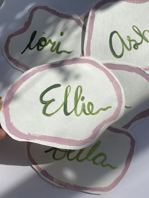 Hand painted and lettered wedding guest and event name place cards. This listing is made to order and can be customised.  There's a minimum order of 10 pieces.  Please send a message for any questions. I'm here to help. Wedding Name Cards, Party Names, Name Place Cards, Hand Painted Wedding, Wedding Place Settings, Wedding Name, Wedding Tablescapes, Wedding Place, Wedding Places