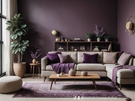 Soothing and relaxing! . . . . . . #livingroomideas #livingroominspirations #moodylivingroom #moodyinteriors #moodydecor #holistichome #holisticliving #holisticinteriordesign #boholivingroom #bohohomestyling ##bohointeriors #purplepaint #purpleaccentwall #purplepaintcolors #digitalhomedesign #aidesign Plum Lounge Living Rooms, Mauve Living Room Ideas, Living Room Ideas Purple, Plum Interiors, Lilac Living Rooms, Plum Living Room, Purple Wall Color, Moody Feminine, Lilac Living Room