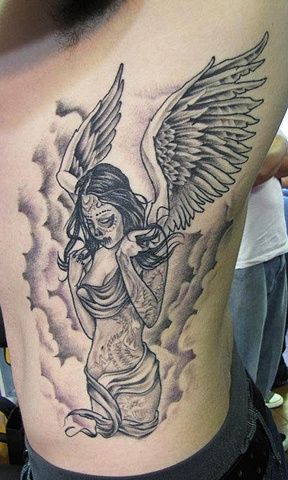 Big Angel Tattoo On Back, Large Angel Tattoo, Angel With Wings Tattoo, Back Tattoo Women Wings Angel, Angel Wing Tattoo On Ribs, Angel Wing Tattoo Shoulder Women, Tattoo Bike, Angel With Wings, Bike Tattoos