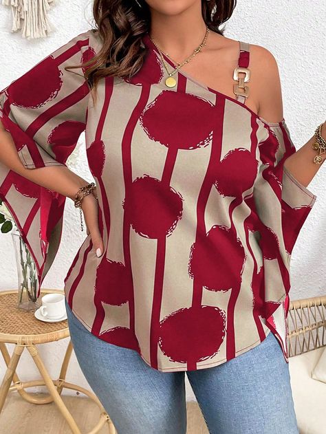 Plus Size Women's Geometric Striped Asymmetrical Collar Shirt Red Casual  Three Quarter Length Sleeve Fabric All Over Print Top Non-Stretch  Women Plus Clothing, size features are:Bust: ,Length: ,Sleeve Length: African Print Tops For Women, Female Senator Wears, Tops For Plus Size Women, Plus Size Halter Top, African Tops For Women, Simple Dress Styles, Ready Made Blouse, Fancy Short Dresses, Asymmetrical Collar