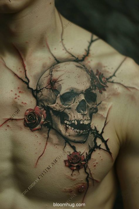 Cracked Skull Tattoo, Roses Tattoo For Men, Tattoo For Men Ideas, Thorny Vines, Skull And Roses Tattoo, Rose Chest Tattoo, Cracked Skull, Roses Tattoos, Skull Rose Tattoos