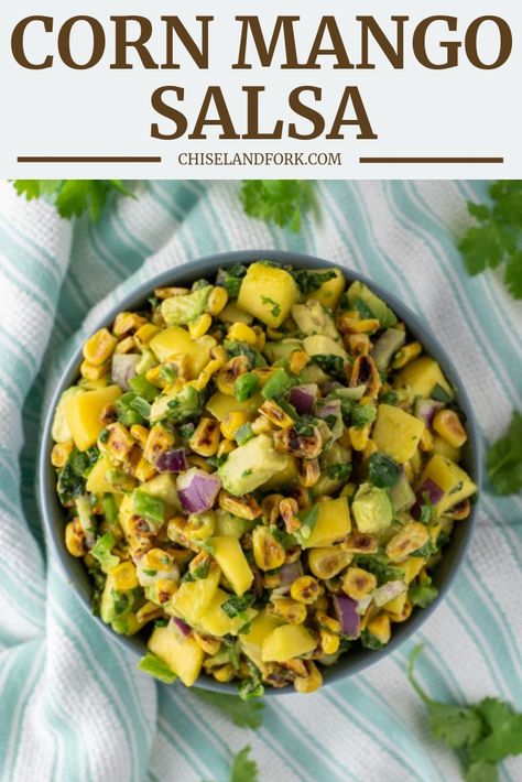 This bright and summery salsa is loaded with mango, corn and avocado and is the perfect mango salsa for fish or any seafood you may desire. #cornmangosalsa #mangosalsa #mangoavocadosalsa #salsa | chiselandfork.com Corn Mango Salsa, Salsa For Fish, Mango Salsa For Fish, Fresh Mango Salsa Recipe, Mango Salsa Recipe, Summer Salsa, Mango Salsa Recipes, Mango Avocado Salsa, Salsa Recipes