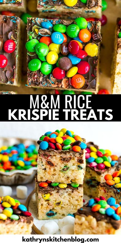 Easy M&M Rice Krispie Treats- Kathryn's Kitchen M M Rice Krispie Treats, Fun Rice Krispie Treats, Marshmallow Cereal, Homemade Toffee, Krispie Treats Recipe, Lunchbox Treats, Small Microwave, Cheesecake Cupcakes, Butter Rice