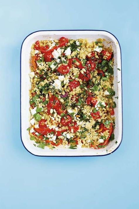 One-tin Bulgur Wheat with Roasted Red Peppers, Tomatoes, Feta & Pine Nuts Recipe Traybake Recipes, Pine Nut Recipes, Bulgar Wheat, Bulgur Wheat, Bulgur Salad, Wheat Recipes, Parmesan Potatoes, One Dish Dinners, Midweek Meals