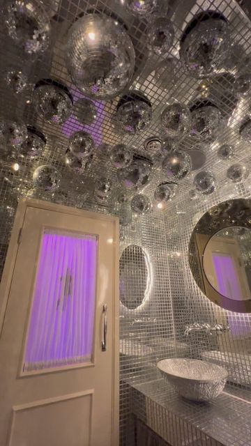 Giorgia München & Coccodrillo Berlin on Instagram: "🪩 not your usual bathroom 🪩 @ Giorgia Trattoria . . . #saturdaynightfever #disco #bathroom #design #interiordesign #foryou #fy #foryoupage #viral #restaurant #trattoria #love #dance #nightout #reels #viral #giorgiatrattoria #bigsquadra" Disco Ball Restaurant, Disco Themed Bathroom, Disco Bathroom Aesthetic, Disco Balls In Room, Disco Themed Room, Disco Ball Bathroom, Disco Toilet, Disco Ball Decor Party, Party Bathroom Aesthetic