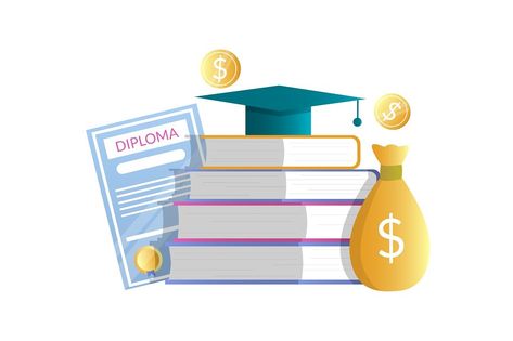 Diploma, money bag, pile of books with graduation hat, flat vector illustration. Education cost. Tuition fee, knowledge value. Investment in education. Scholarship. Same Day Loans, Payday Loans Online, Student Scholarships, Pile Of Books, Online Loans, Bank Loan, Cash Loans, Fast Cash, Tuition Fees