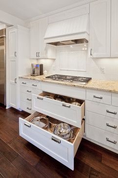 Pots & pans storage drawers under cooktop. - Afton, Minnesota - Kitchen - traditional - kitchen - minneapolis - Sawhorse Designers & Builders Functional Kitchen Design, Kitchen Cabinet Drawers, Design Your Kitchen, Wall Kitchen, White Kitchen Design, Drawer Design, Transitional Kitchen, Kitchen Drawers, Open Concept Kitchen