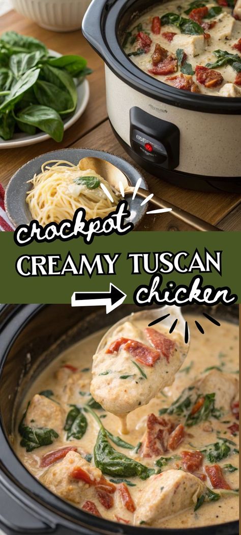 This Crockpot Tuscan Chicken is the ultimate easy dinner! Packed with creamy flavors and tender chicken, this dish will quickly become a staple in your kitchen. The Slow Cooker Creamy Tuscan Chicken is the easiest way to enjoy delicious Tuscan Chicken without spending hours in the kitchen. Perfect for a family meal! Slow Cooker Creamy Tuscan Chicken, Crockpot Tuscan Chicken Recipes, Creamy Tuscan Chicken Crockpot, Tuscan Chicken Crockpot, Slow Cooker Recipes Chicken, Crockpot Tuscan Chicken, Healthy Crockpot Recipes Clean Eating, Crock Pot Tuscan Chicken, Creamy Tuscan Chicken Recipe