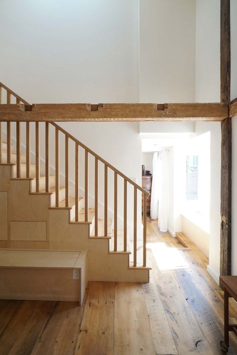 Wide plank skip-planed white pine by Longleaf Lumber for the floors and stair treads. Photo courtesy Jeff & Eddie Geisinger Tree House Interior, Simple Tree House, Pine Wood Flooring, Pine Flooring, White Pine Tree, Eastern White Pine, Mountain Cottage, Farmhouse Flooring, Pine Floors