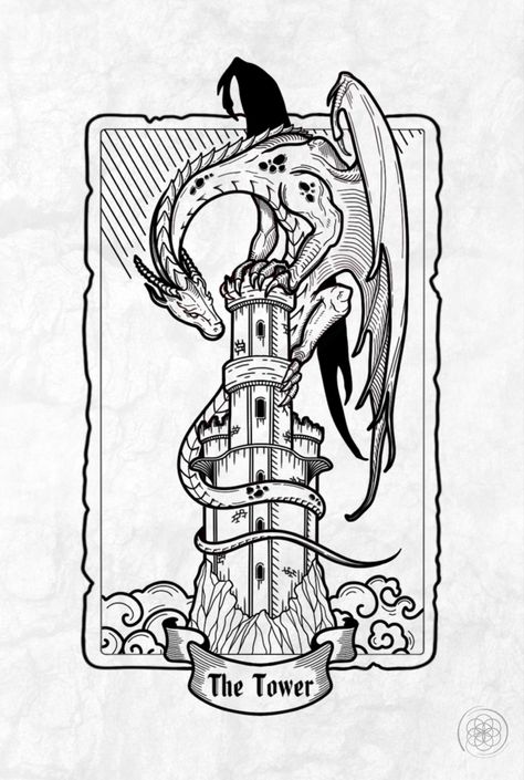 “The tower, high above the clouds, is guarded by a fearsome dragon. Who would dare enter such a dangerous place?” For more designs check out my tattoo page on instagram: @mend.dots Dragon Tarot Cards, Tarot Tower Tattoo, Wizard Tower Tattoo, Castle Tower Tattoo, Dungeons And Dragons Drawings, Engravers Tattoo, The Tower Tattoo, The Tower Tarot Tattoo, Tower Tarot Tattoo