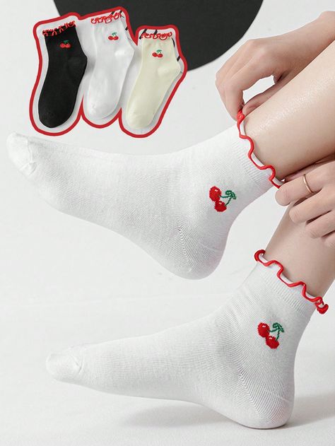 3pairs Women's Spring Summer Frill Cherry Patterned Cute Simple Lolita Style Casual Ankle Socks, Korean/Japanese Inspired Multicolor    Fabric Animal,Plain    Women Socks & Hosiery, size features are:Bust: ,Length: ,Sleeve Length: Korean Socks, Korean Japanese, Women Crew Socks, Comfortable Socks, Women Socks, Fabric Animals, Elegant Dresses Long, Socks And Hosiery, Lolita Fashion