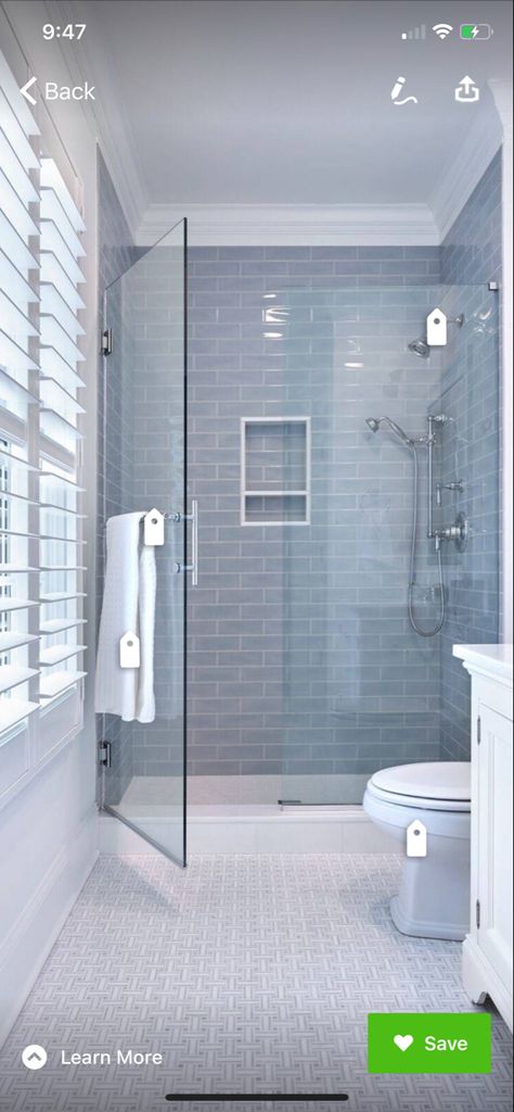 Bathroom With Blue Subway Tile, Blue Bathroom Subway Tile, Blue Chevron Shower Tile, Gray White Blue Bathroom, Menards Bathroom Remodel, Blue Stone Bathroom, Blue Subway Tile Shower Ideas, Gray Tile Shower Ideas, Baby Blue Bathroom Ideas