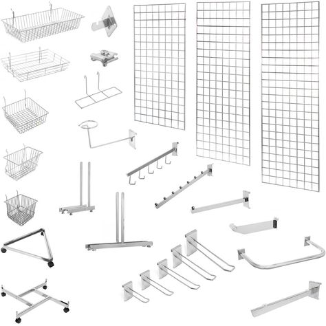 Wire Grid Wall, Display Rack Ideas, Mobile Accessories Shop, Stationery Store Design, Mobile Shop Design, Slat Wall Display, Wall Grid, Shoe Store Design, Store Shelves Design