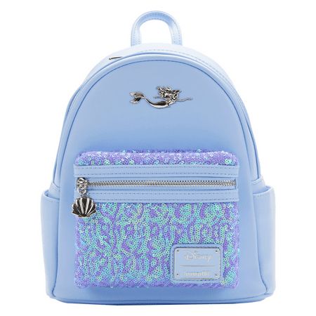 Dimensions: W 9" X H 10.5" X D 4.5" (Mini Backpack) Faux leather mini backpack Metal Loungefly plate Enamel zipper charm Printed details Side Pockets Inside Pocket Size: one size.  Color: Purple.  Gender: female.  Age Group: adult. Mermaid Backpack, Loungefly Mini Backpack, Disney Little Mermaid, Little Mermaid Ariel, Mermaid Sequin, Orchid Purple, Loungefly Bag, Zipper Charms, Backpack Brands