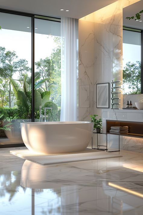 Transform Your Space: Luxurious Marble Bathroom Oasis with Verdant Views Modern Villa Bathroom, Plant Ideas Indoor, Modern Indoor Plants, Indoor Garden Design, Garden Design Home, Contemporary Luxury Bathroom, Luxury Bathroom Inspiration, Jacuzzi Room, Luxury Spa Bathroom