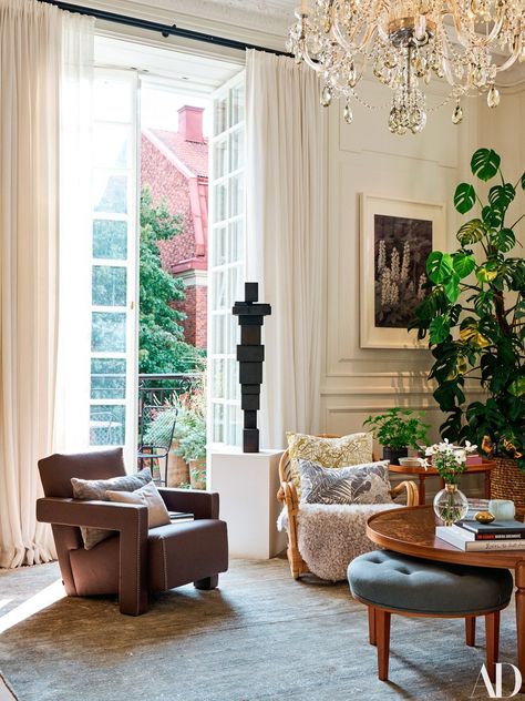 A view of the day room. Gerrit Rietveld armchair Luke Irwin rug Josef Frank cocktail table castiron sculpture by Antony... Ilse Crawford, Rattan Chairs, Day Room, Rattan Chair, A Living Room, Architectural Digest, Home Renovation, Interior Inspiration, Stockholm