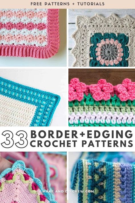 Looking for the best crochet edging patterns? This collection from Make and Do Crew is for you! We've gathered our favorite crochet border patterns - from simple crochet borders, delicate lace trims & crochet flower border patterns. Borders can be added to crochet blankets, sweaters, scarves, cardigans, towels, and washcloths. Whether you're looking for an easy border or wondering how to add a border to a blanket, this guide will help you. Visit the blog for the free crochet trim patterns. Crochet Flower Edge Pattern, Pom Pom Edge Crochet, Simple Crochet Edgings And Borders Free Pattern, Borders For Chunky Blankets, Crocheting Borders For Blankets, Crochet Cardigan Edge, Crochet Borders For Blankets Chunky Yarn, Borders For Granny Square Blankets, Crochet Baby Blanket Border