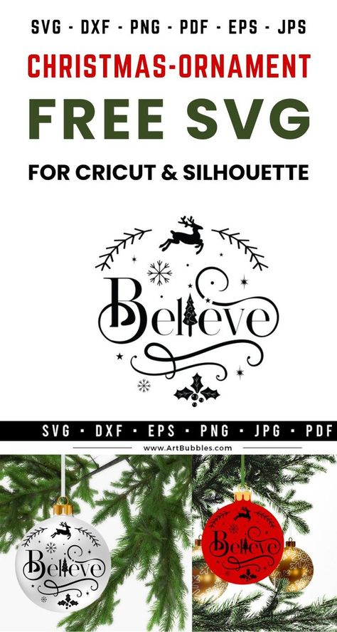 This Christmas ornament SVG File is a freebie for crafters to make Christmas shirts & Christmas signs for the Christmas season using Cricut, silhouette, etc. Crafters can download this Christmas SVG file for free. Files: SVG, DXF, PNG, EPS, JPG & PDF. This Christmas ornament SVG design can be used for many purposes like on round ornaments, signs, wall decals, or anything. #christmassvg #christmasfreesvg #christmasornament #christmassigns #christmasornamentfreesvg #babyornamentchristmassvg Disney Christmas Diy, Christmas Believe, Cricut Christmas Ideas, Using Cricut, Laser Engraved Ideas, Ornament Svg, Christmas Svg Files, Cricut Free, Round Ornaments