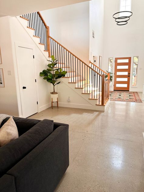 Cement Floor Interior, Cement Floors In House Diy, Concrete Floor Entryway, House With Concrete Floors, Cement Floors In House, Concrete Floors In House, Cement Flooring, Wood Baseboard, Cement Floors