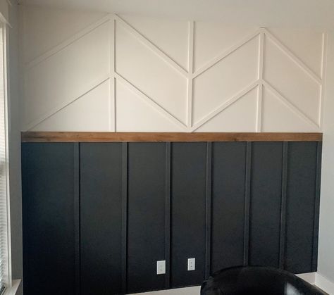 Accent Wall With Window Dining Room, Accent Wall Craftsman, Office Accent Wall With Window, Accent Wall Halfway Up, Diamond Wood Accent Wall, Walnut Accent Wall, Chevron Wall Panelling, Stained Wood Accent Wall, Walls With Wood Strips