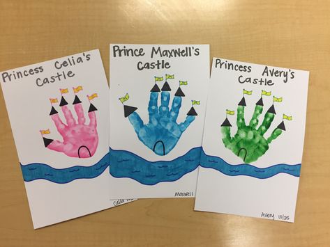 Prince/Princess Castle - Preschool Artwork - Handprint -Easy Kings And Queens Theme Preschool Activities, Castle Art For Preschoolers, Prince And Princess Art For Kids, Disney Art Ideas For Preschool, Handprint Castle Craft, Princess And Prince Activities Preschool, Infant Fairytale Art, Kings And Queens Crafts Preschool, Fairy Tail Art For Preschool