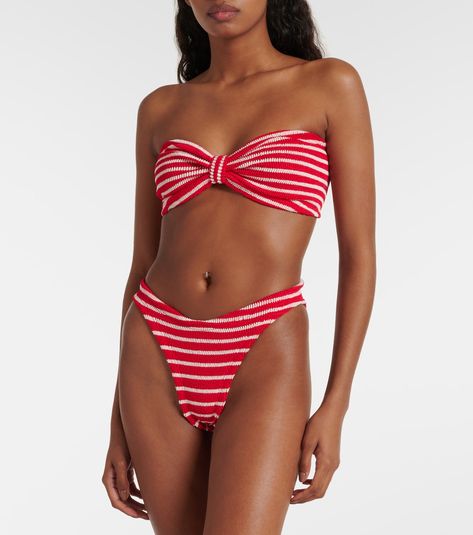 Jean striped strapless bikini in red - Hunza G | Mytheresa Strapless Swimsuit, Hunza G, Leather Thong Sandals, Striped Jeans, Jeans Shop, Navy And White, Designing Women, One Piece, Red