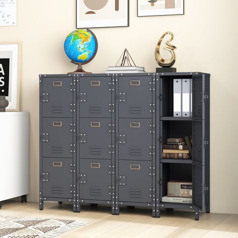 Metal Storage Locker with 3 Lockable Doors and Adjustable Feet - 12" x 14" x 40" (L x W x H) - Bed Bath & Beyond - 41185717 Louver Door, Industrial Cabinet, Office File Cabinets, Gym School, Storage Locker, Metal Storage Cabinets, Metal Lockers, Bottom Design, Metal Storage