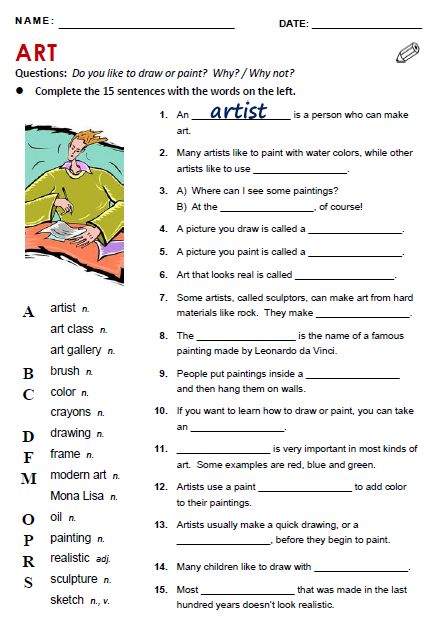 Art - All Things Topics Winter Worksheet, Art Vocabulary, Vocabulary Exercises, English Teaching Materials, Happy Teacher, Esl Vocabulary, English Vocab, English Language Teaching, English Lessons For Kids