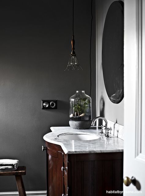 Tracie and David's brooding Belgian-style design | Habitat by Resene Greige Trim, Grey Powder Room, Dark Wood Wallpaper, Rich Bathroom, Porch Kits, Deco House, New Victorian, Dark Grey Walls, Modern Country Style