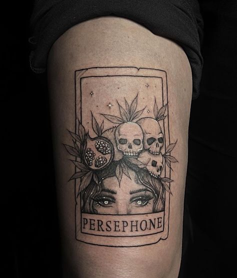 Kaymie | Glasgow Tattoo Artist✨ | In my dark Greek goddess era ✨ loved this Persephone inspired tarot card!! Thank you Hayley🖤 #sevenglasgow #glasgowtattooartist… | Instagram Persephone Tarot Card Tattoo, Greek Goddess Back Tattoo, Goddess Inspired Tattoo, Tarot Card Tattoo Thigh, Persephone Goddess Tattoo, Feminine Greek Tattoo, Persephone Tattoo Minimalist, Goddess Tarot Card Tattoo, Greek Mythology Tattoos Traditional