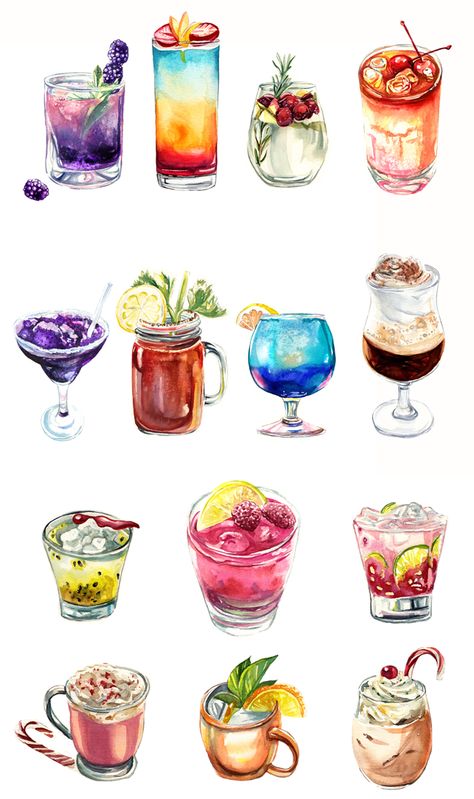 Cocktails on Behance Watercolor Drink Illustration, Drawing Of Drinks, Sangria Drawing, Cocktail Sketch, Drinks Drawing, Cocktail Drawing, Cocktail Watercolor, Drink Drawing, Drinks Illustration