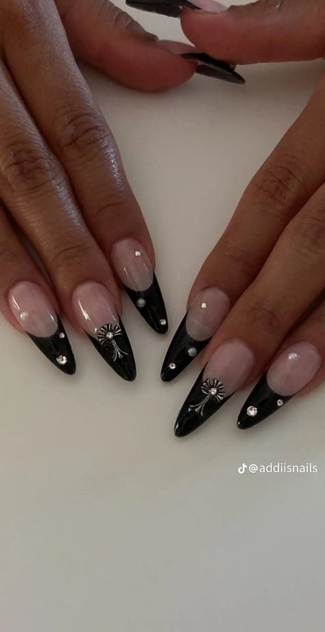 Black French Tip Nails Gems, Almond Acrylic Nails Black, Black Prom Nails Acrylic, Black Glossy Nails, Black Nails With Gems, Black Almond Nails Designs, Almomd Nails, Black Prom Nails, White Claws