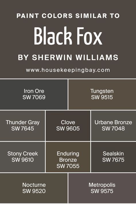 Colors Similar to Black Fox SW 7020 by Sherwin Williams Black Fox Paint, Black Fox Sherwin Williams, Sherwin Williams Coordinating Colors, Sherwin Williams Color Palette, William Black, Stone Lion, Trim Colors, Sherwin Williams Colors, Farmhouse Paint