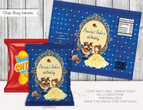 Beauty And The Beast Birthday, Digital Beauty, Birthday Snacks, June Bug, Diy Labels, Chip Bags, Personalized Birthday, One Design, The Beast